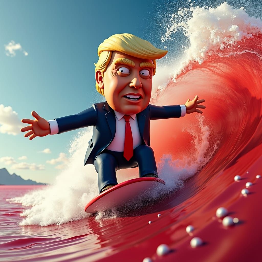 Donald Trump surfing on a giant red wave