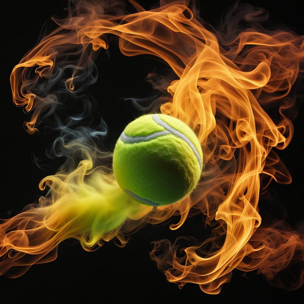 Tennis ball engulfed in flames, leaving a trail of dense smo...