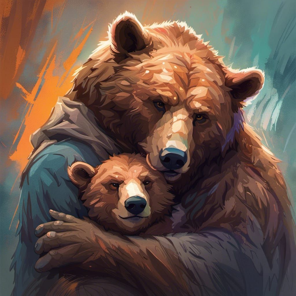 Dad Bear with single cub hugging