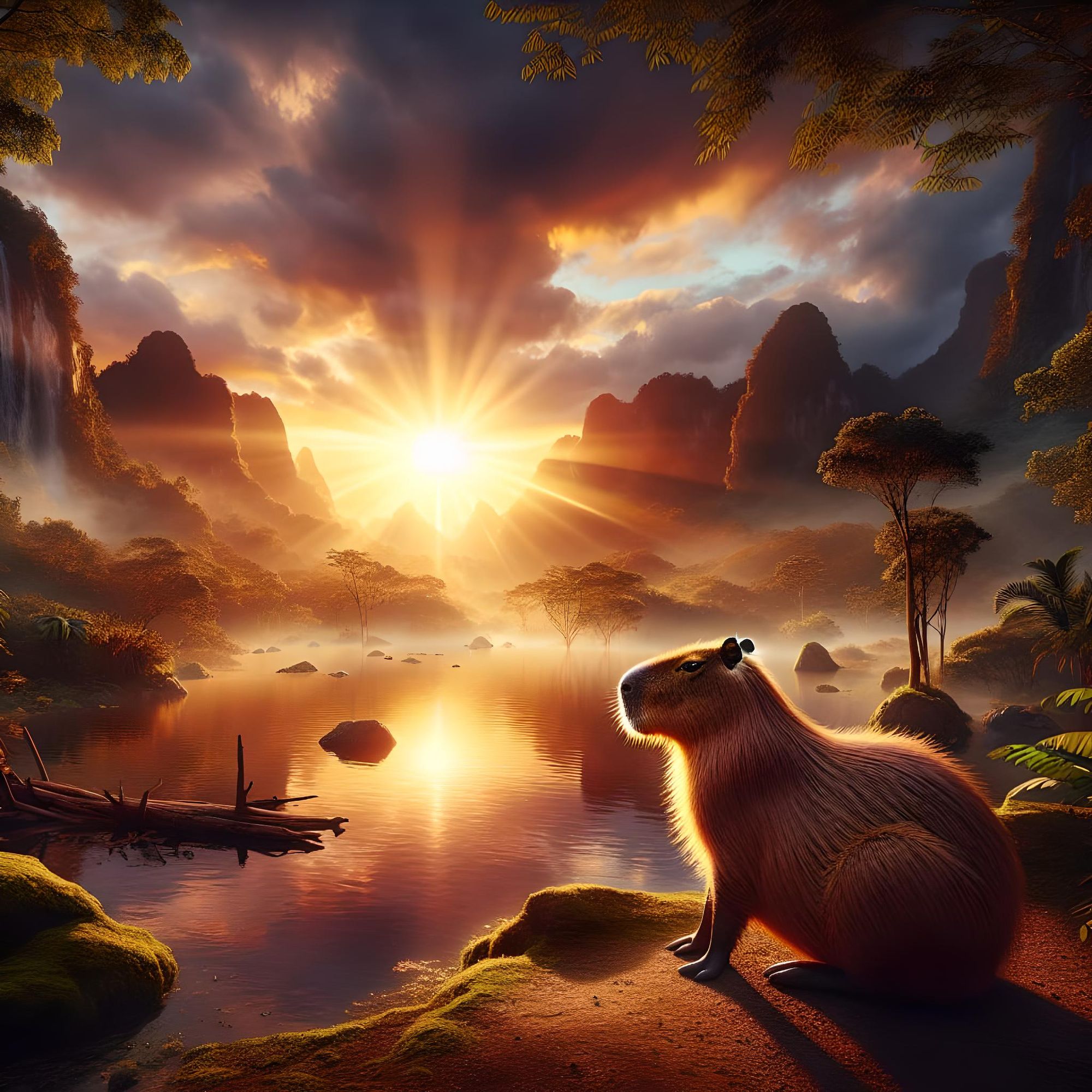 Capybara sits near a pond and meets a magical sunrise
