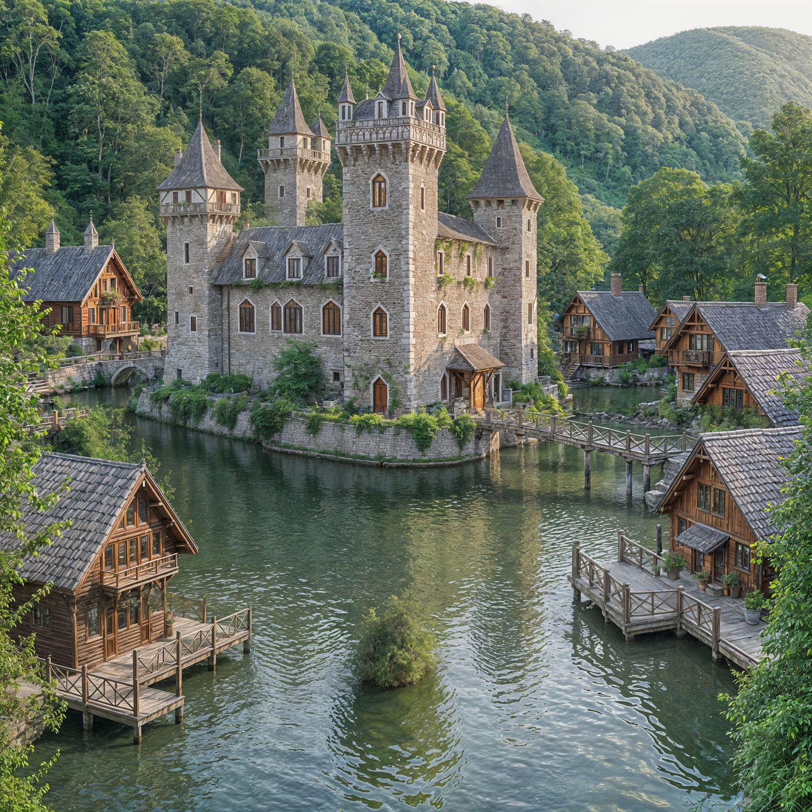 Fairytale Castle and Riverside Cottages at Sunset