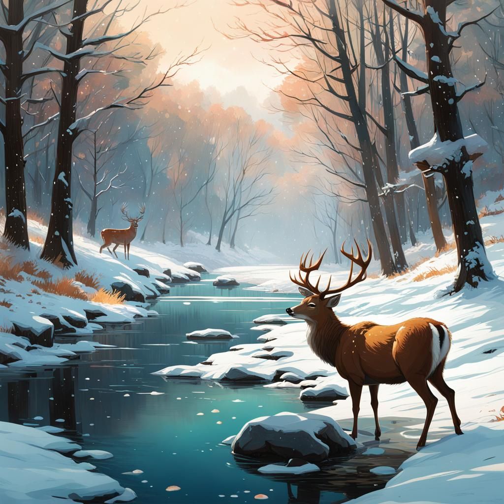A deer drinking from the river  by @Look a dog