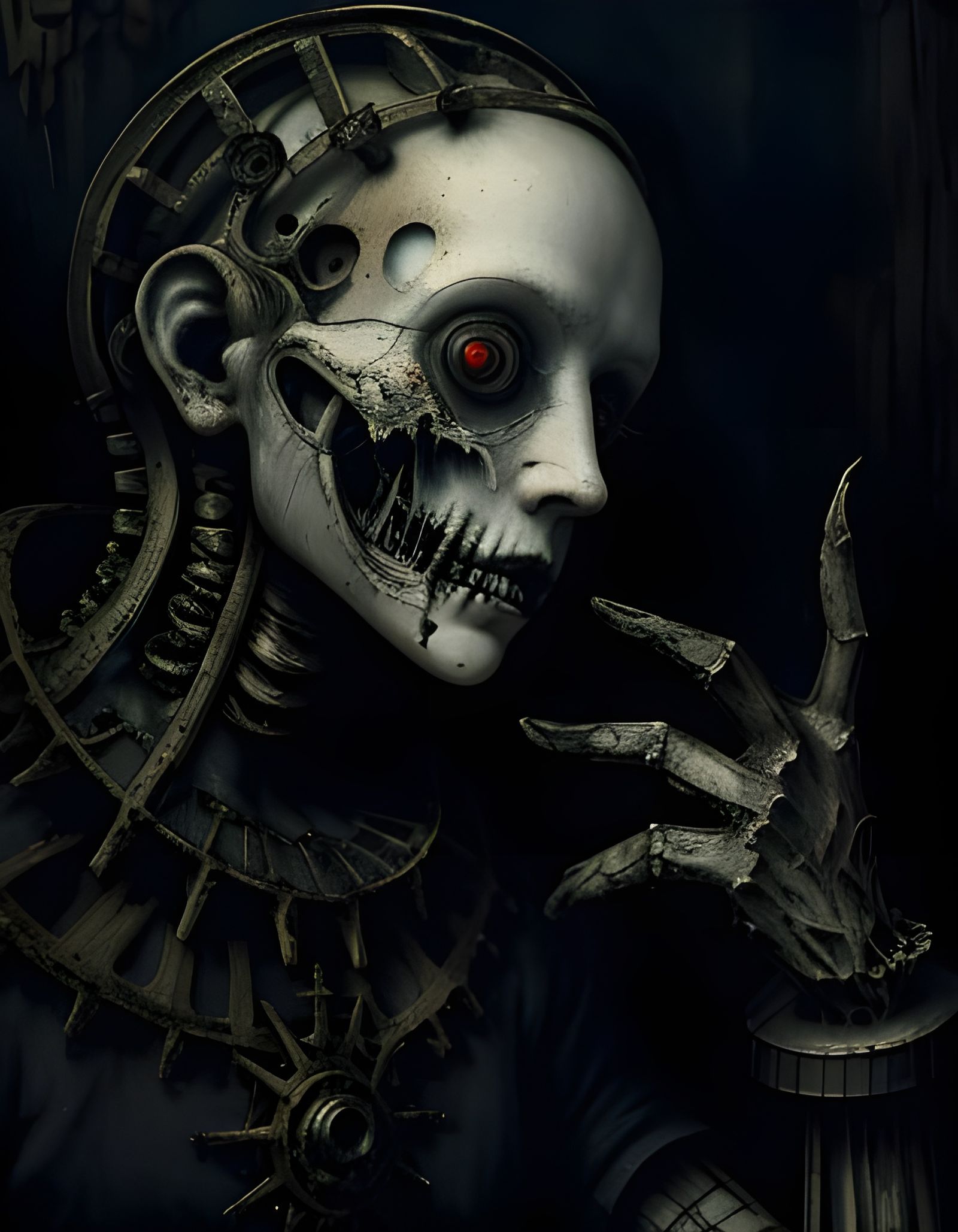 old porcelain doll with cracked face and mechanical gears underneath, discolored  in a decaying house, ...  by @neurot1