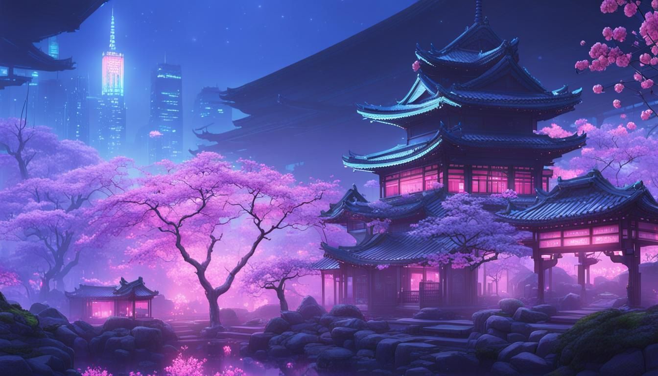 beautiful Japanese garden and cherry blossoms on a fantasy planet