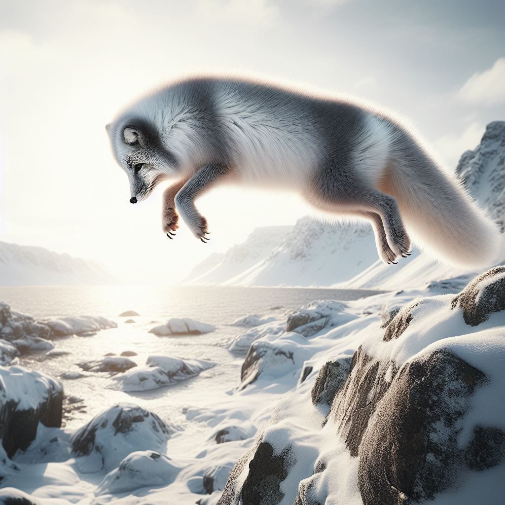 Arctic fox in mid-air vertical plunge during a hunt in Norway