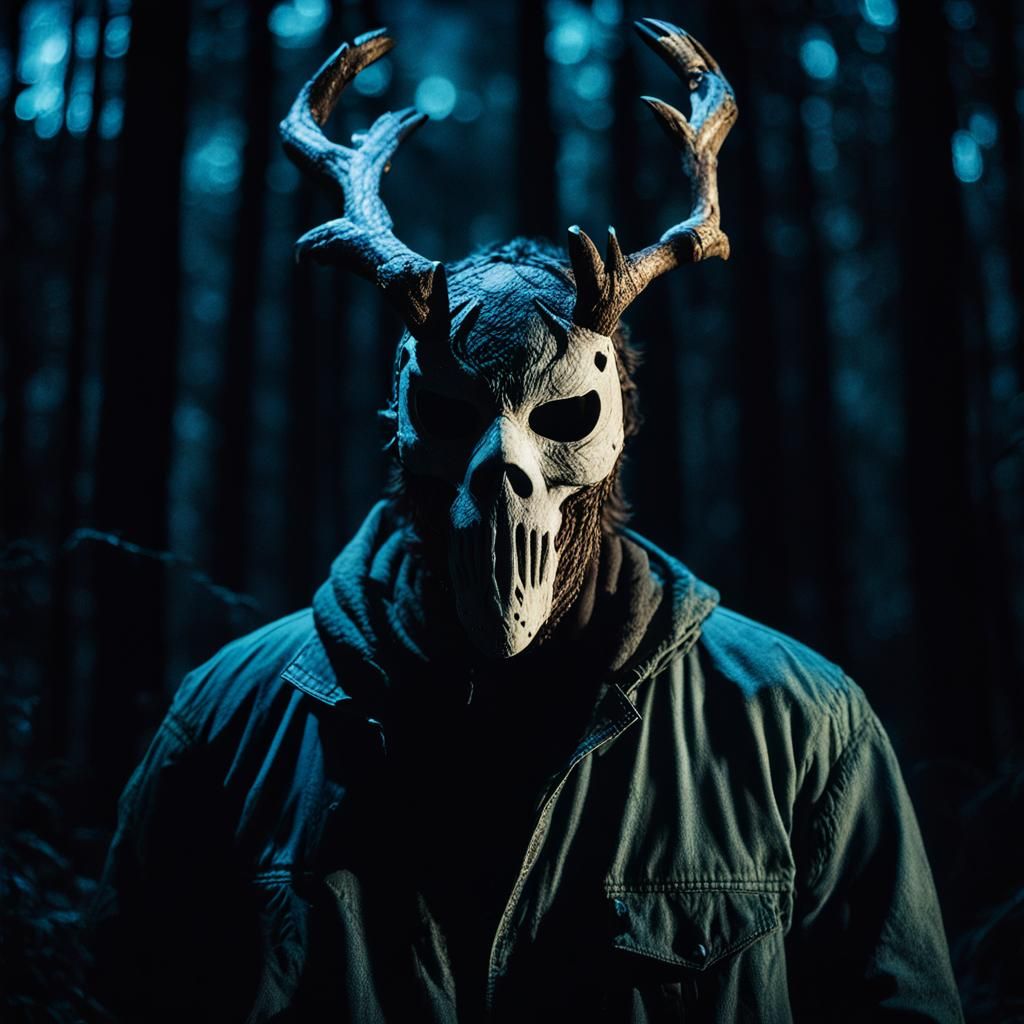 a wendigo wearing a mask of a face in the woods at night. the scene lit ...