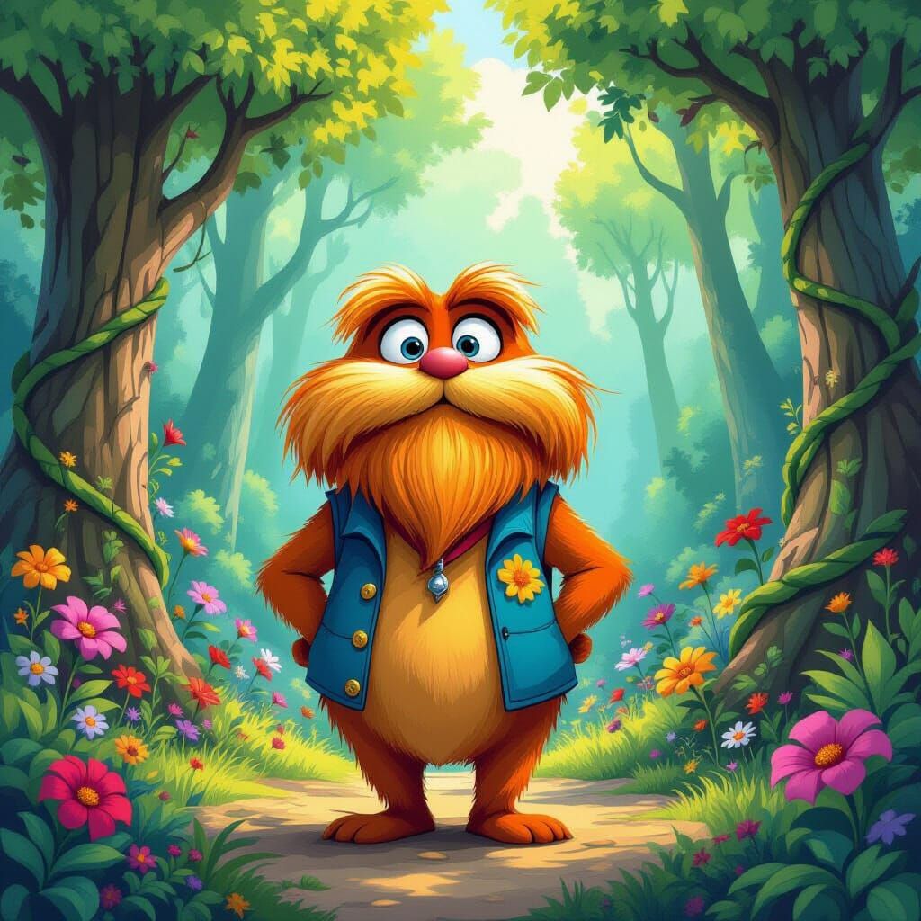 The lorax in a whimsical forest. 