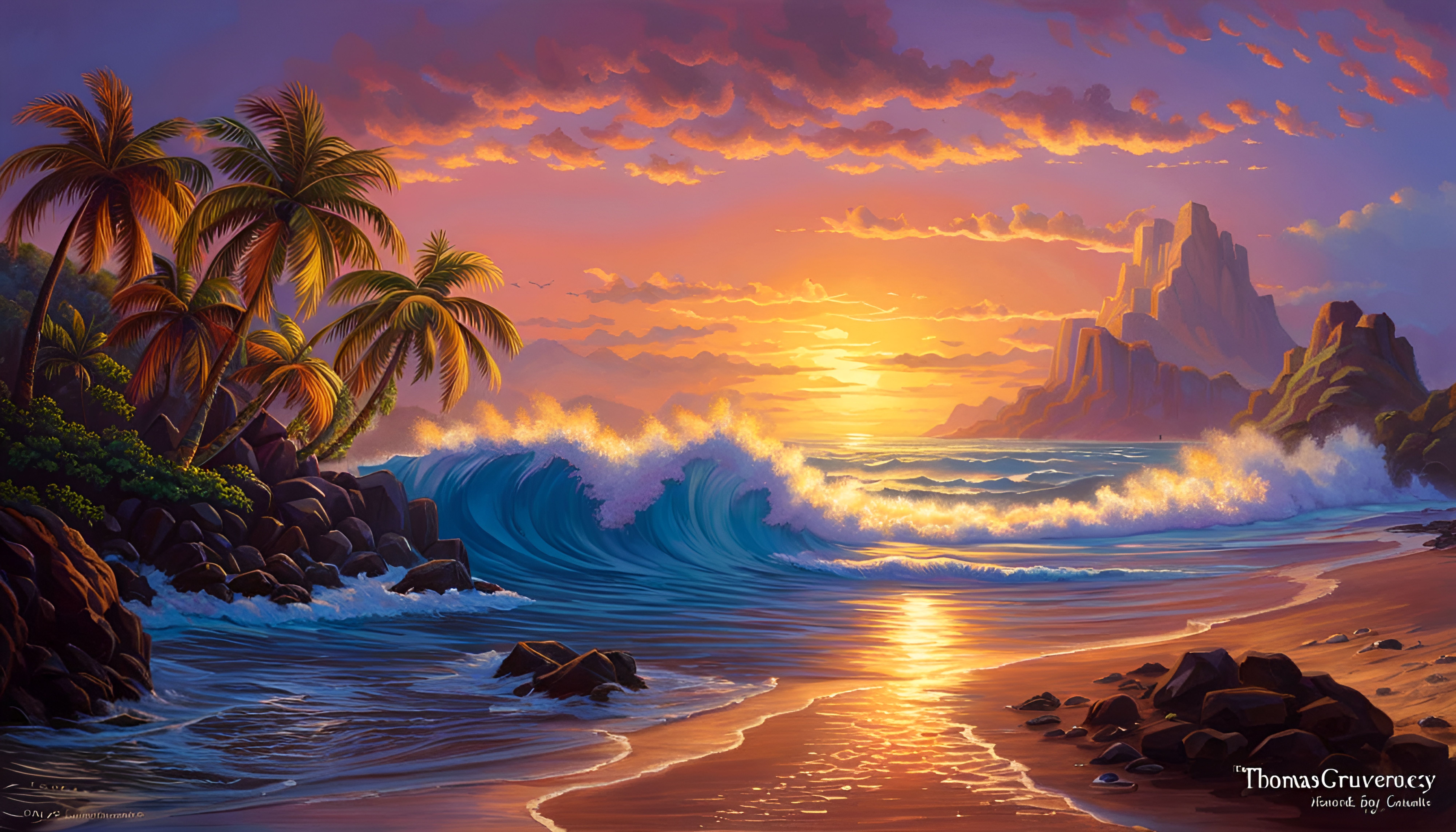 Tropical Island sunset” intricate gorgeous sunset palm trees;; sand   polished , fairytale, crashing waves by James gurney and Thomas K - AI  Generated Artwork - NightCafe Creator