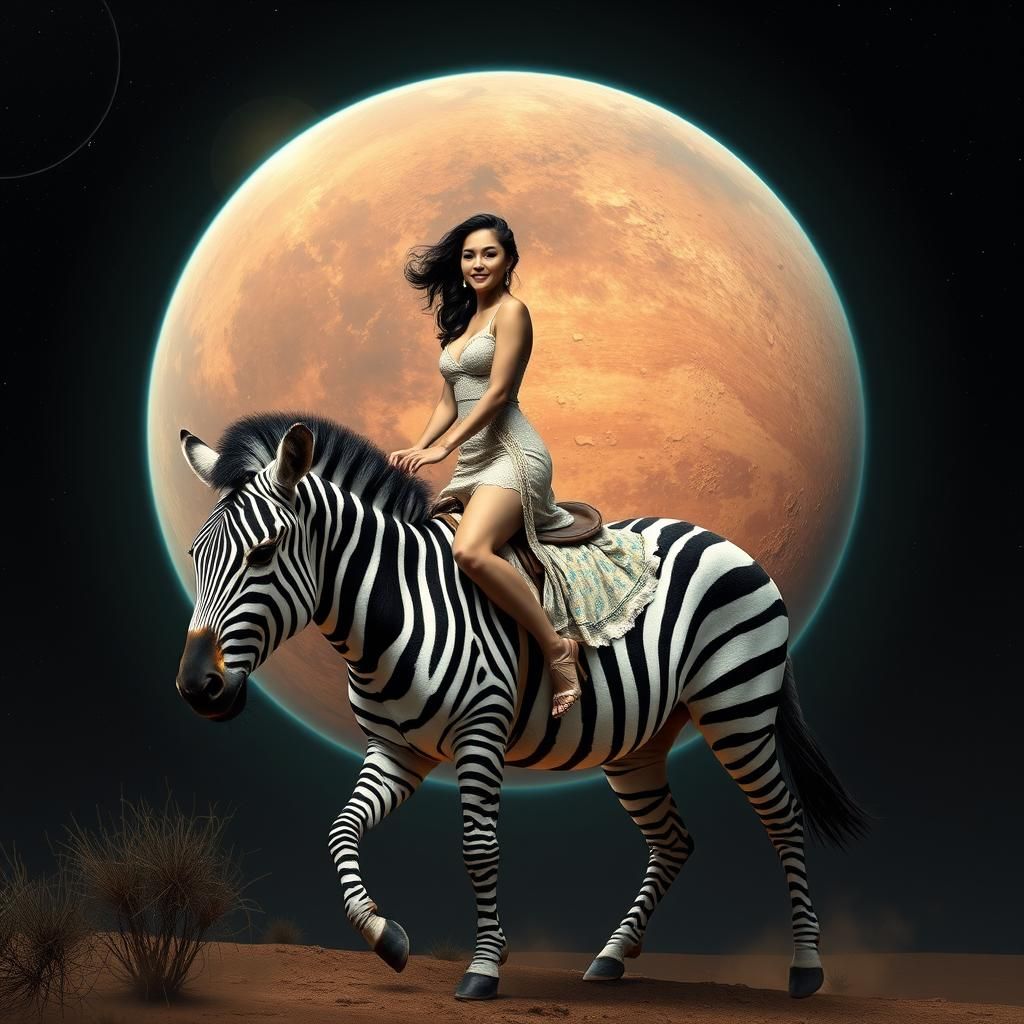 beautiful woman,  riding a zebra, planet mars,