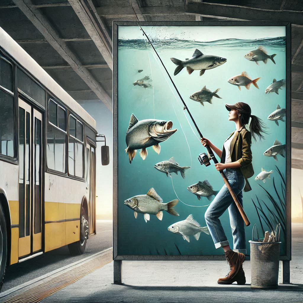 Fishing at a bus stop