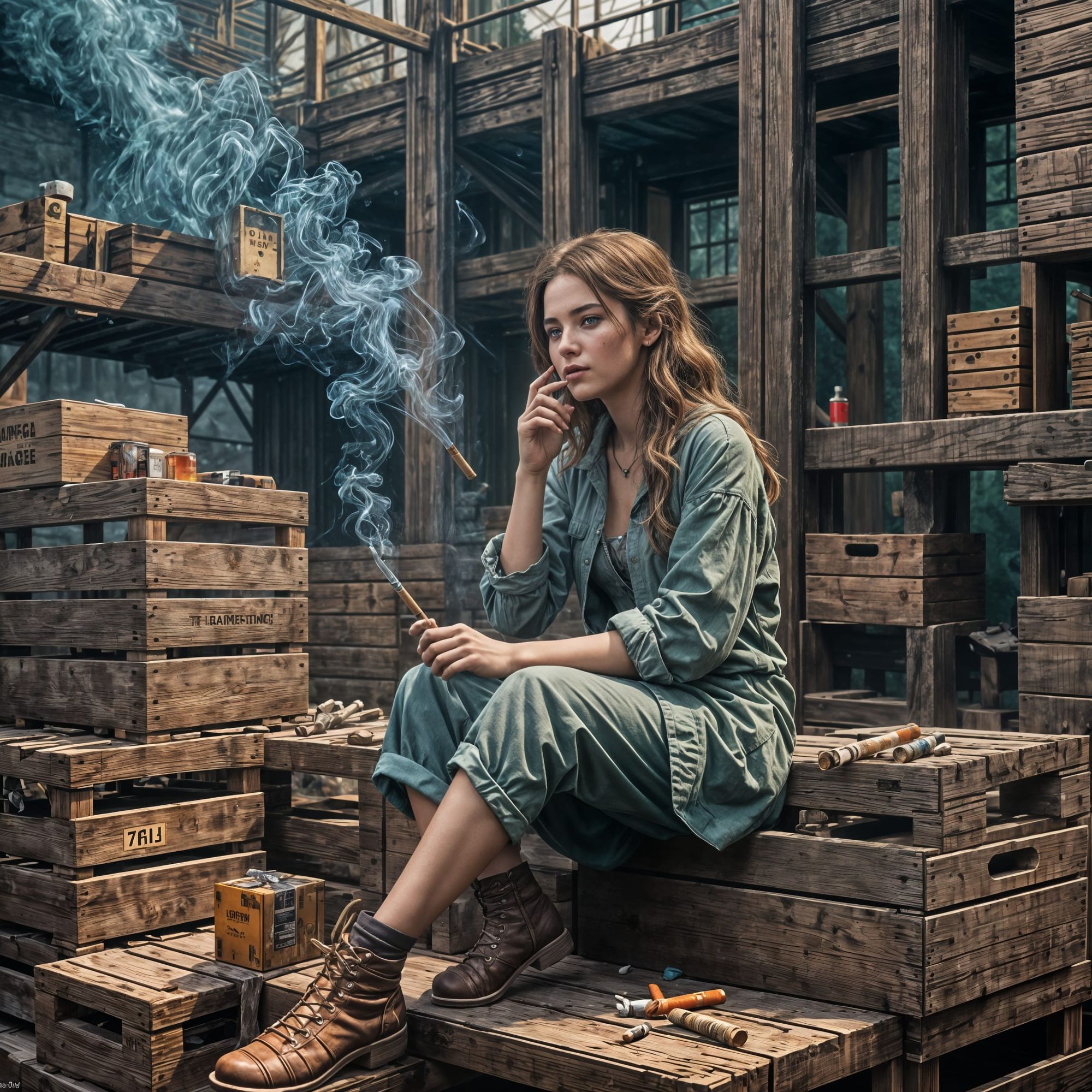Photo realistic pretty girl sitting on a crate smoking a cigarette 