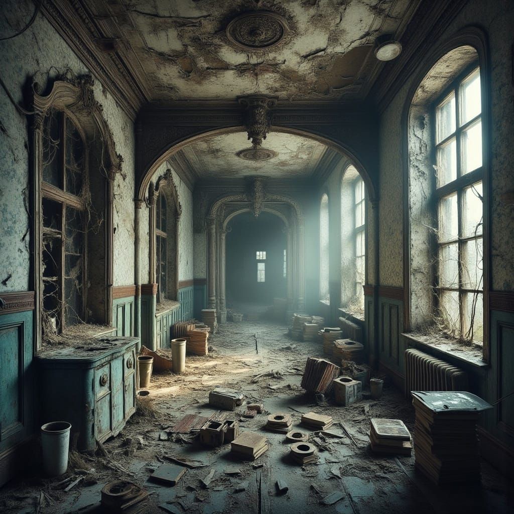 <lora:Abandoned for Flux:1.0>an abandoned interior of a hospital