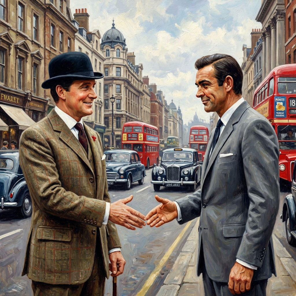 "How'd you do? I'm John Steed." "Bond. James Bond."