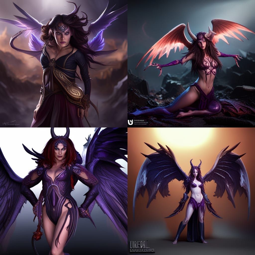 Demon, female, caucasian, purple eyes, horns, wings