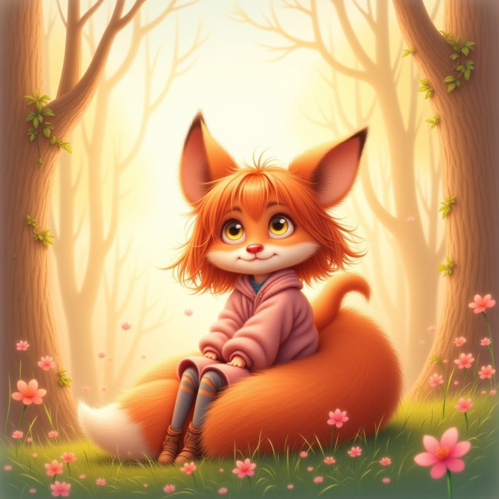 Anime style. A young girl with bright, curious eyes, sitting on a giant, friendly fox in a whimsical, painterly landscape. Anime style. Soft...