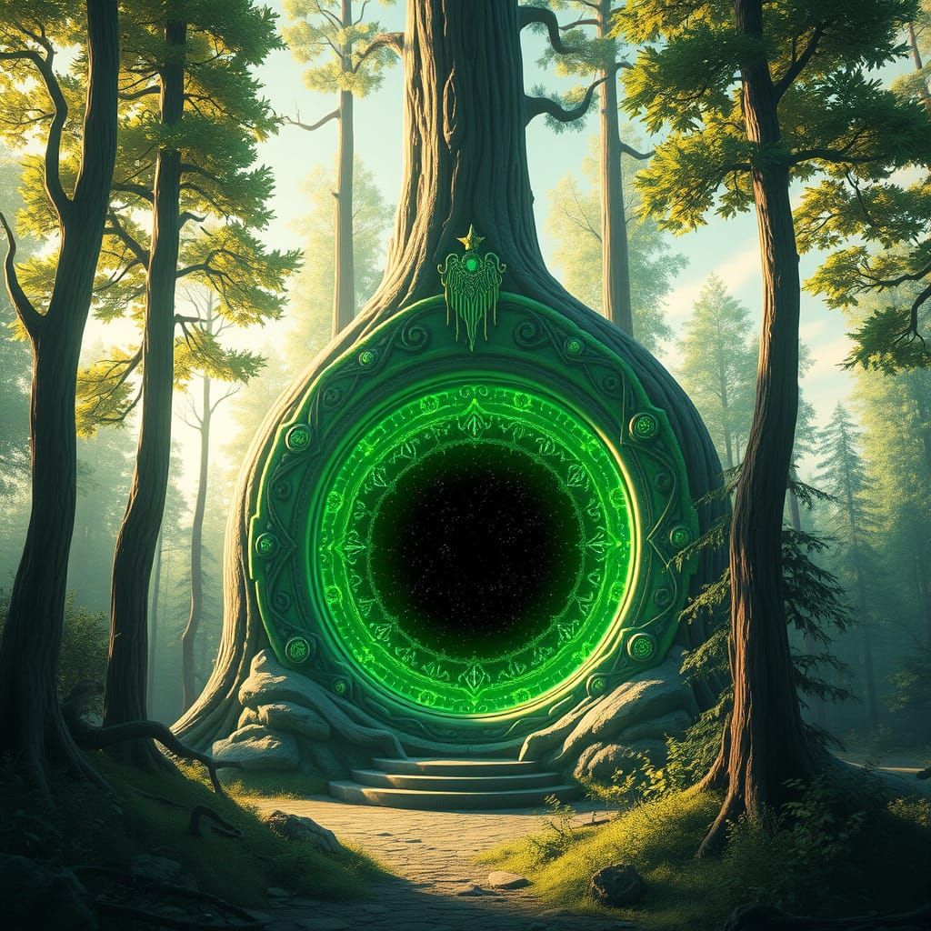A bright and glittering magical sparkling green circular portal with a dark sparkling centre in an enchanted realistic looking forest during...
