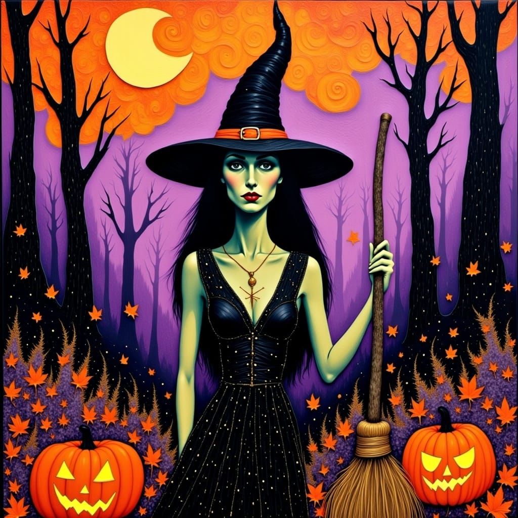 <lora:Witches:1.0> A Halloween witch with a pointy hat, wearing a black dress and holding a broomstick. The witch is standing in a forest wi...
