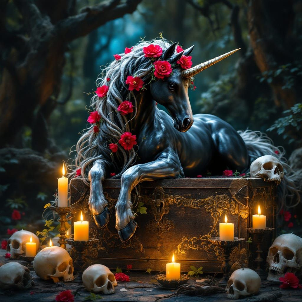 A mystical unicorn with a lustrous, shimmering black coat th...