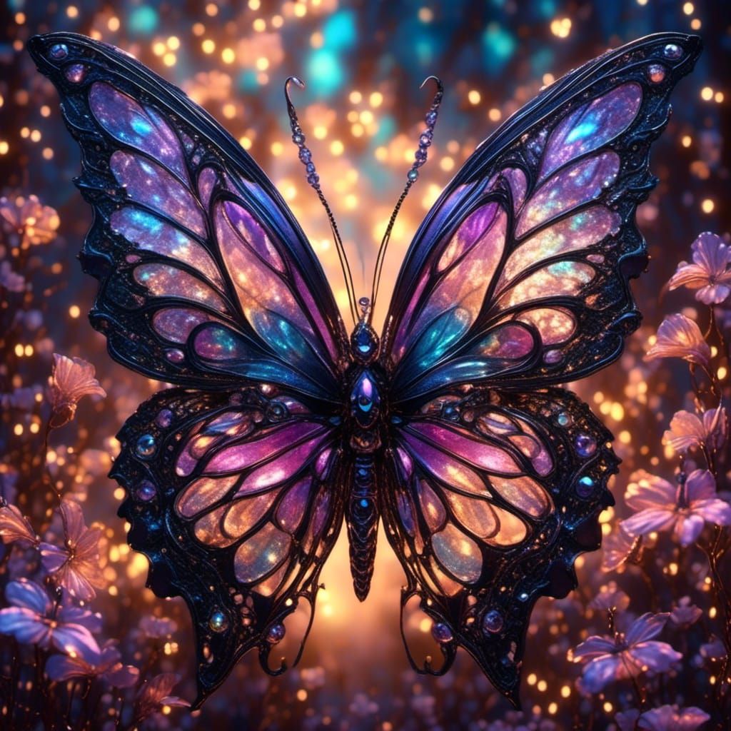 beautiful butterfly
 <lora:SPARKLES:1.0> highly detailed, romantic, 8k resolution concept art, elegant lighting, 3d shading ,iridescent colo...
