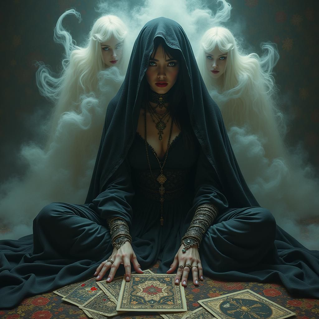 WITCH  READING TAROT CARDS, LAYER WITH SPIRITS BEHIND HER, GIVE OFF A SENSE OF DOOM. Add evil spirits and negative energy