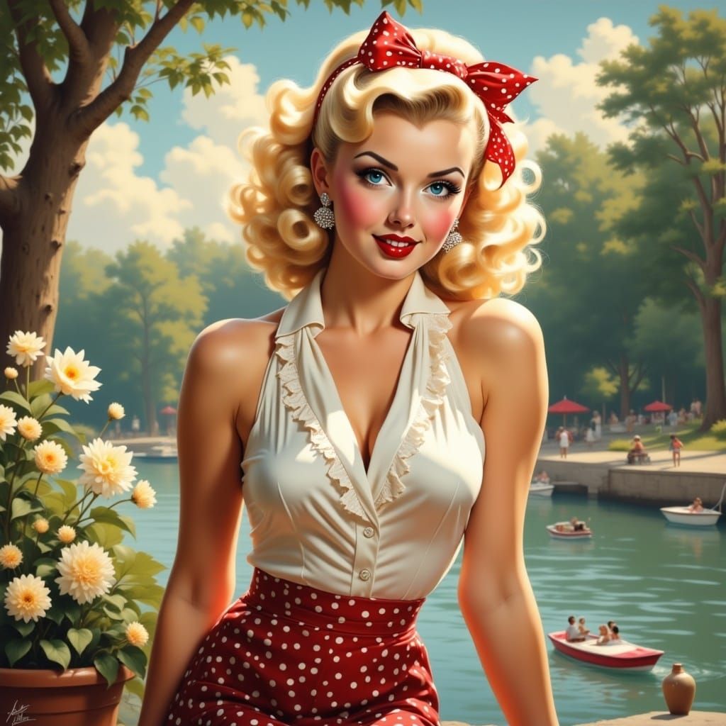 <lora:PinupFlux:1.0> full body portrait of a pretty woman ,pretty hair , blue eyes, blouse with ruflles and lace, skirt with pattern dots ,...