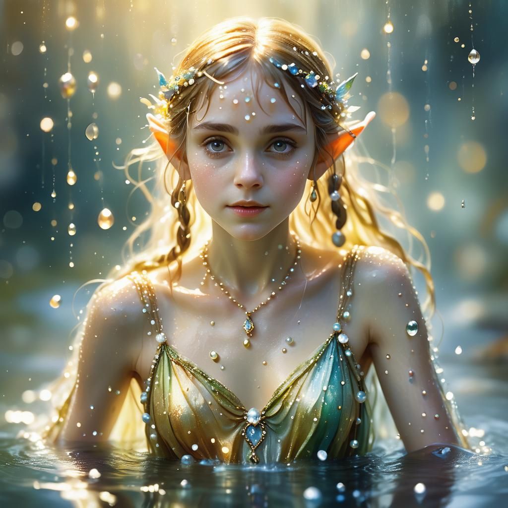 A stunningly ethereal and enigmatic fairy elf emerges gracefully from a shimmering cascade of water pearls, her silhouette glistening with d...