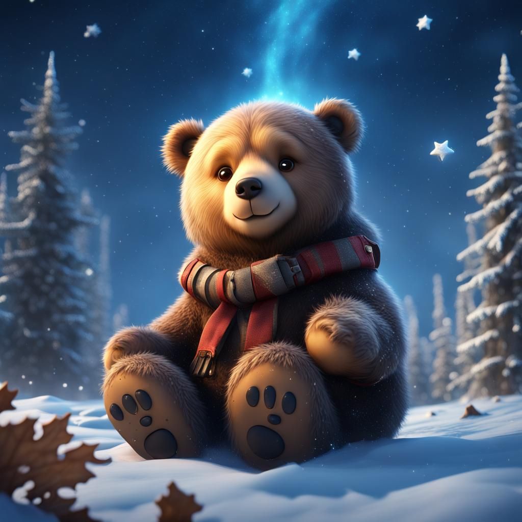 Floating cute bear huge with stars flying around it and in the winter ...