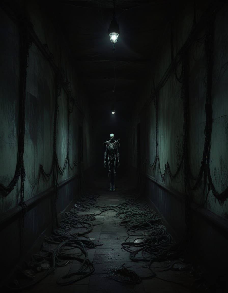 Horror style hallway with a horror monster and grotesque details   by @BabyLarpKitten