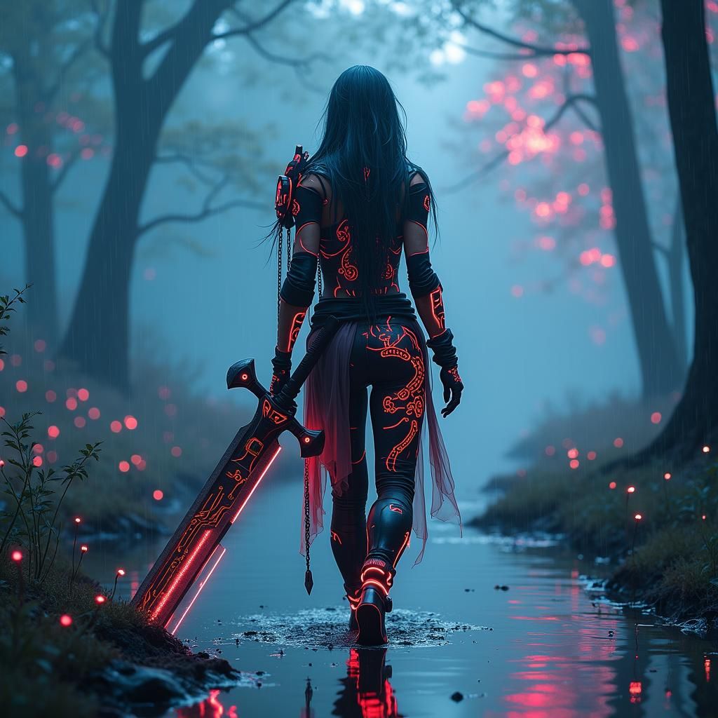 Cyberpunk Android Warrior in Bioluminescent Forest