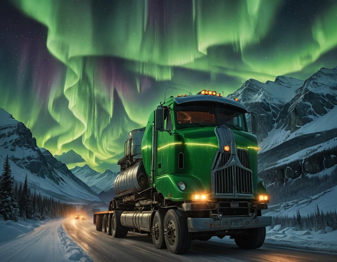 A 18 wheeler going down the road by the mountains and the no...