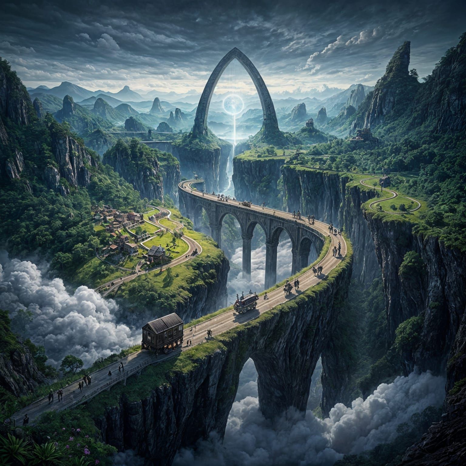 From a bird's eye view, you can see a huge, almost endless bridge stretching through the clouds. On one ...  by @Zacharo
