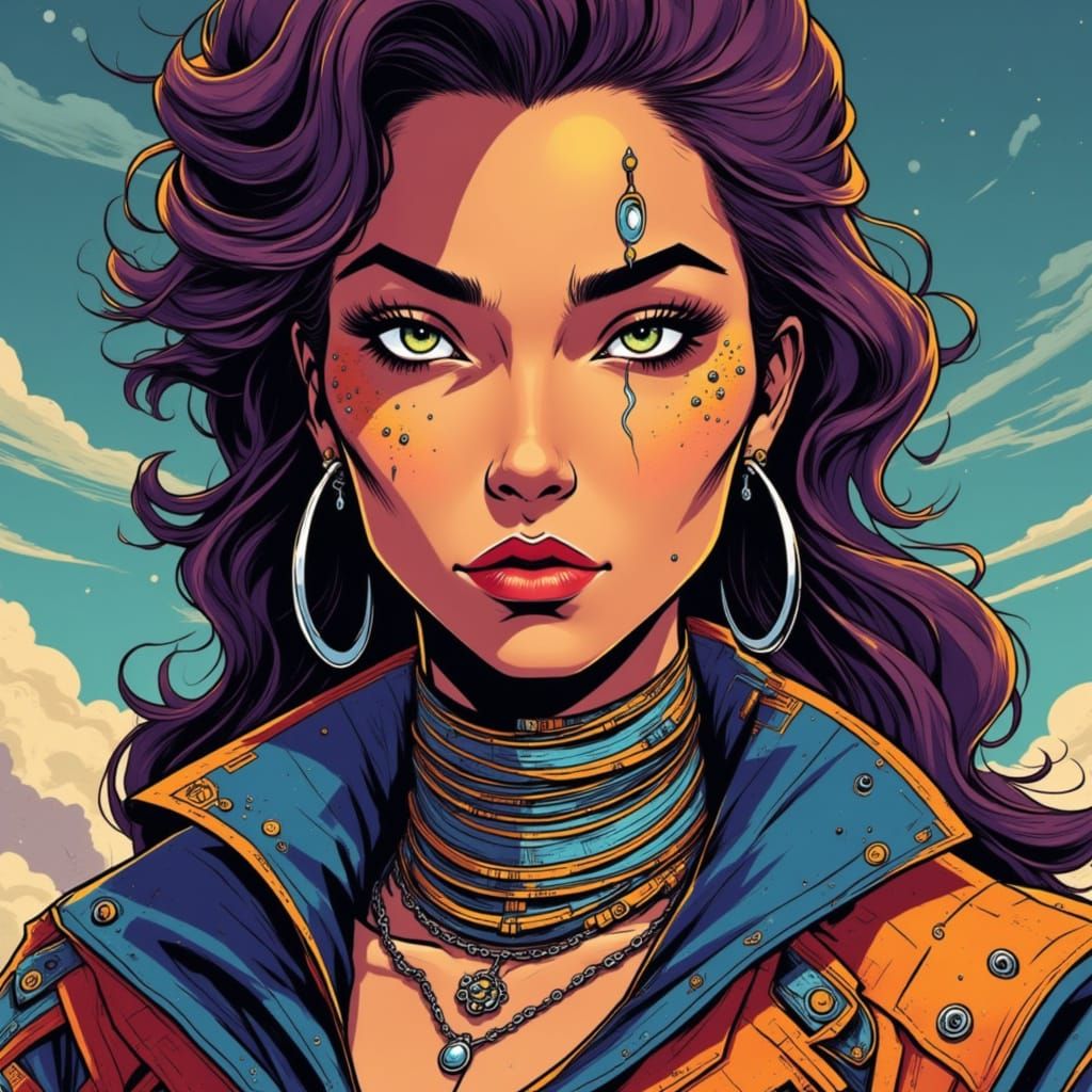 Hyperrealistic portrait of a beautiful woman wearing intricately detailed colorful clothing and futuristic jewellery. <lora:Death Before Dec...