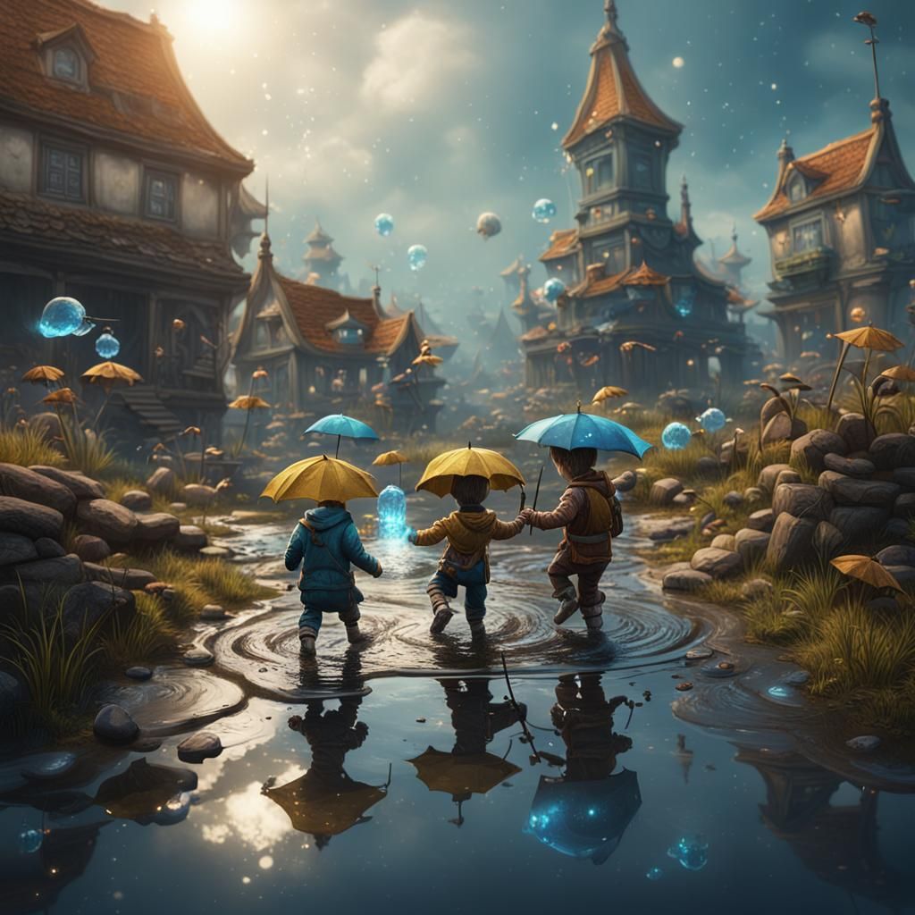 Little water people playing in a puddle