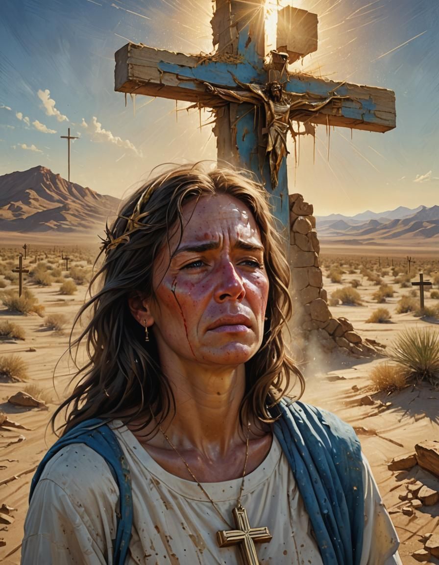 A drunken woman crying in front of the cross of Jesus Christ in the middle of a desolate desert, and the sand scattered in the air, a ray of...