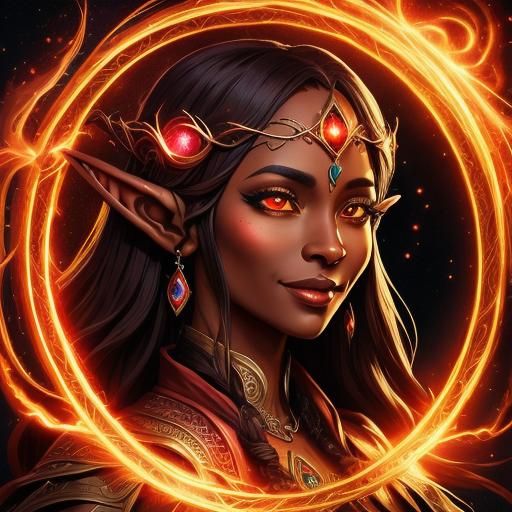 smiling brown-skinned mage elven elf, detailed, vibrant red and black, glowing eyes, sparkly, vibrant colours, whorling magic portal backgro...