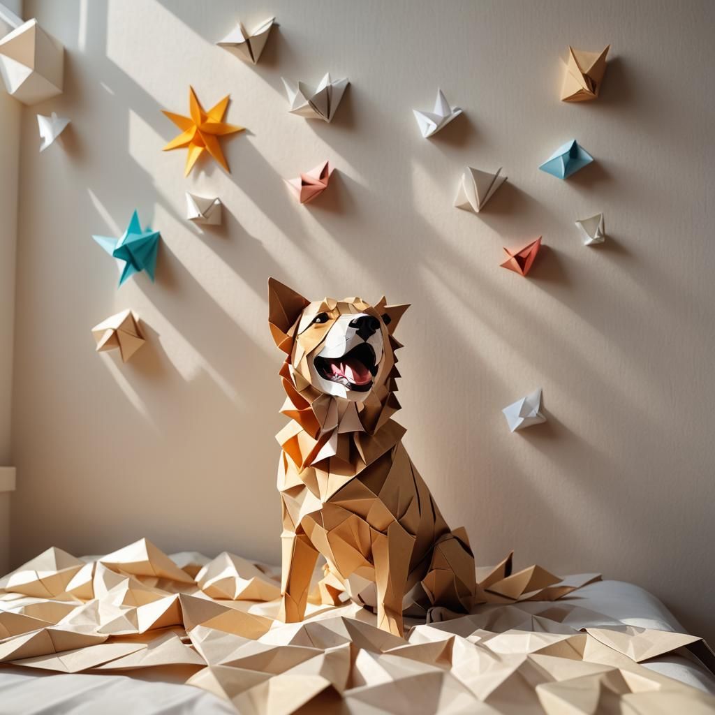 A dog gets out of bed stretching and yawning and there is su...