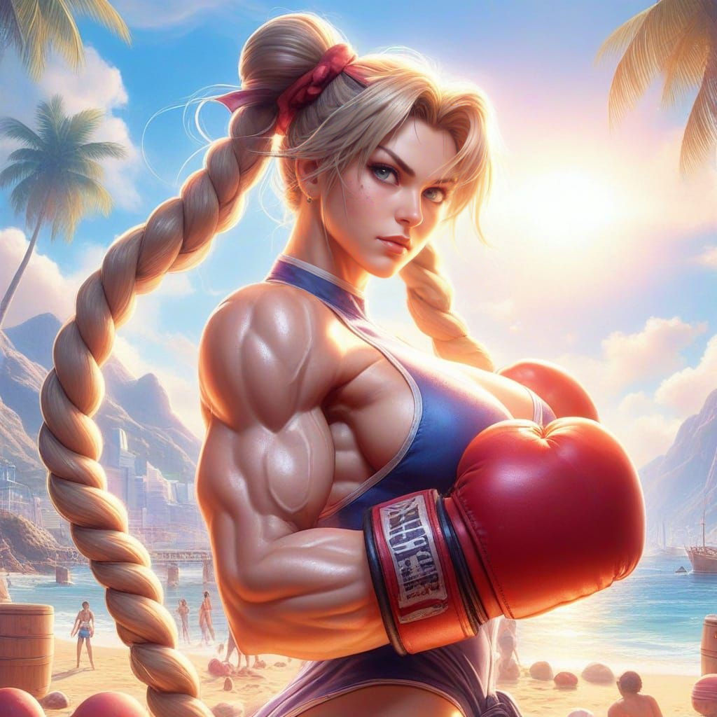 close-up panoramicrophotograph: Street Fighter II Turbo by CAPCOM: Stunning color sketch full-body illustration of Cammy; street boxing stan...