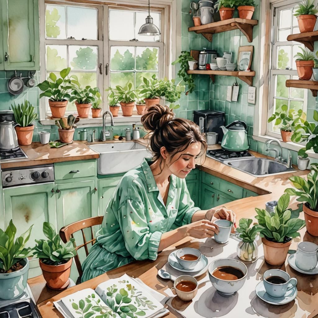 pyjama girl drinks coffee