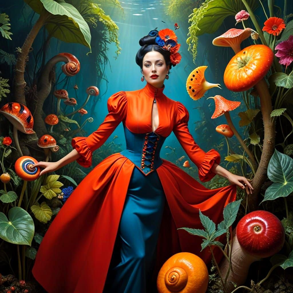Surrealistic Portrait of Elegant Lady in Vibrant Surrounding...