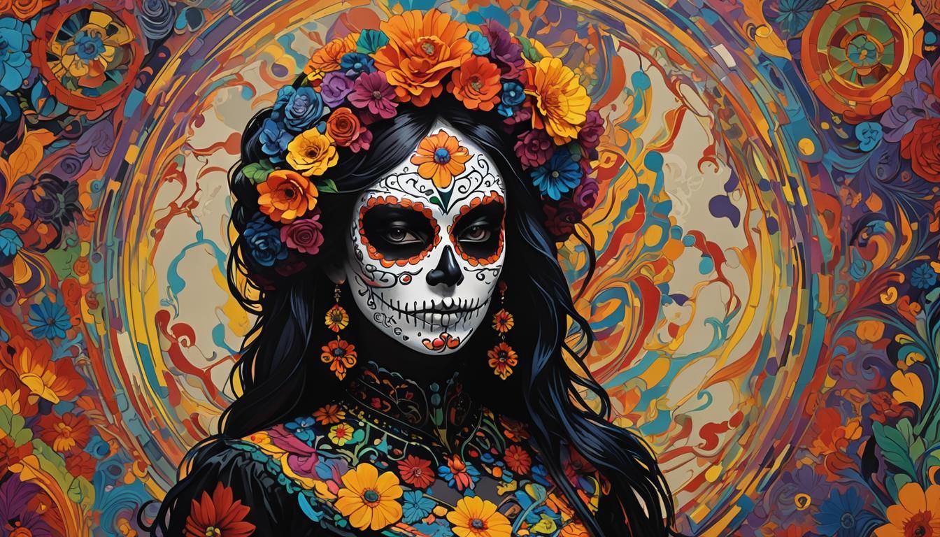 (Psychedelic Colors Silhouette Mexican Style Recessed Panel Day Of The