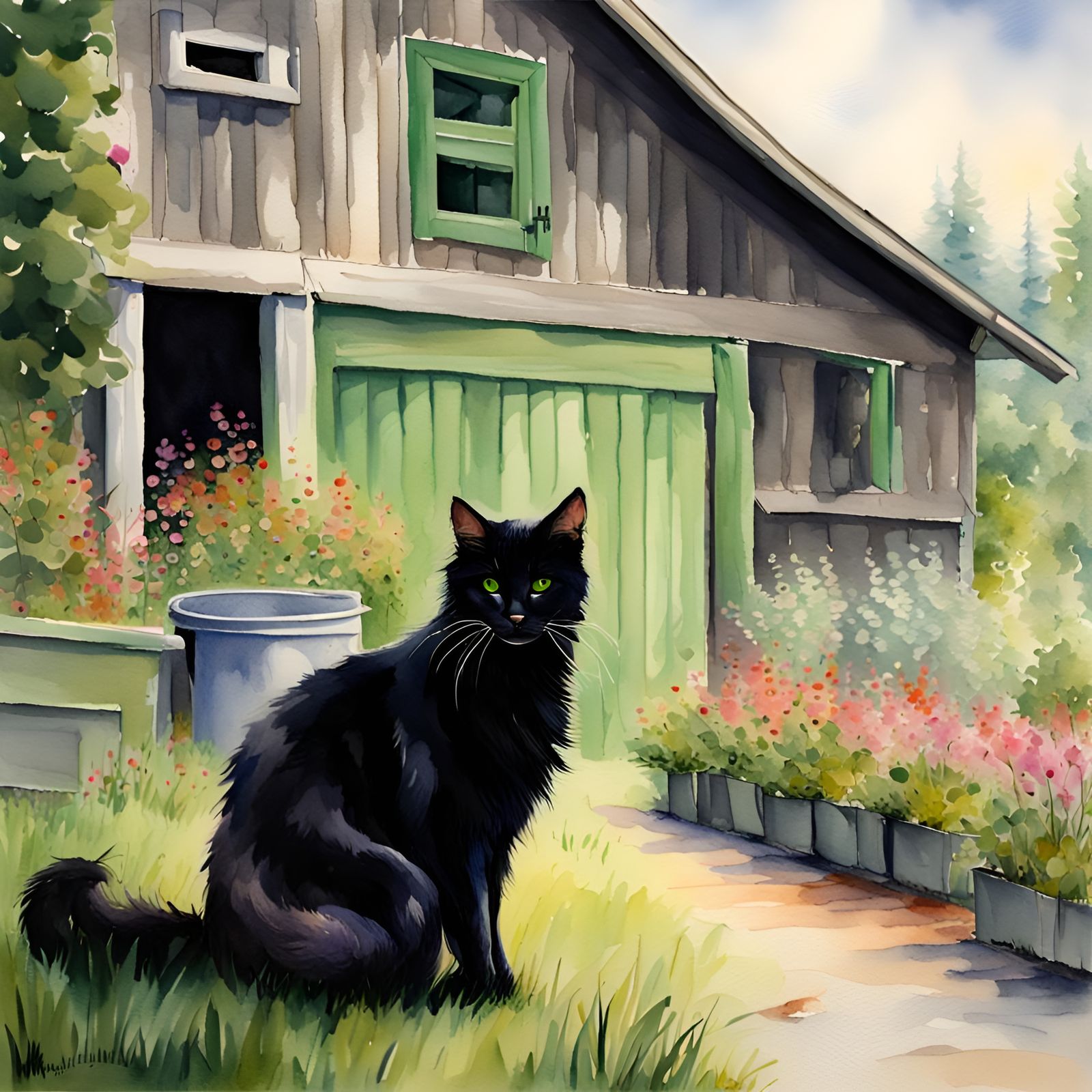 Farm cat, barn  cat, green eyes, black fur, futuristic garden background, soft, Thomas Kinkade, John ...  by @Dame B