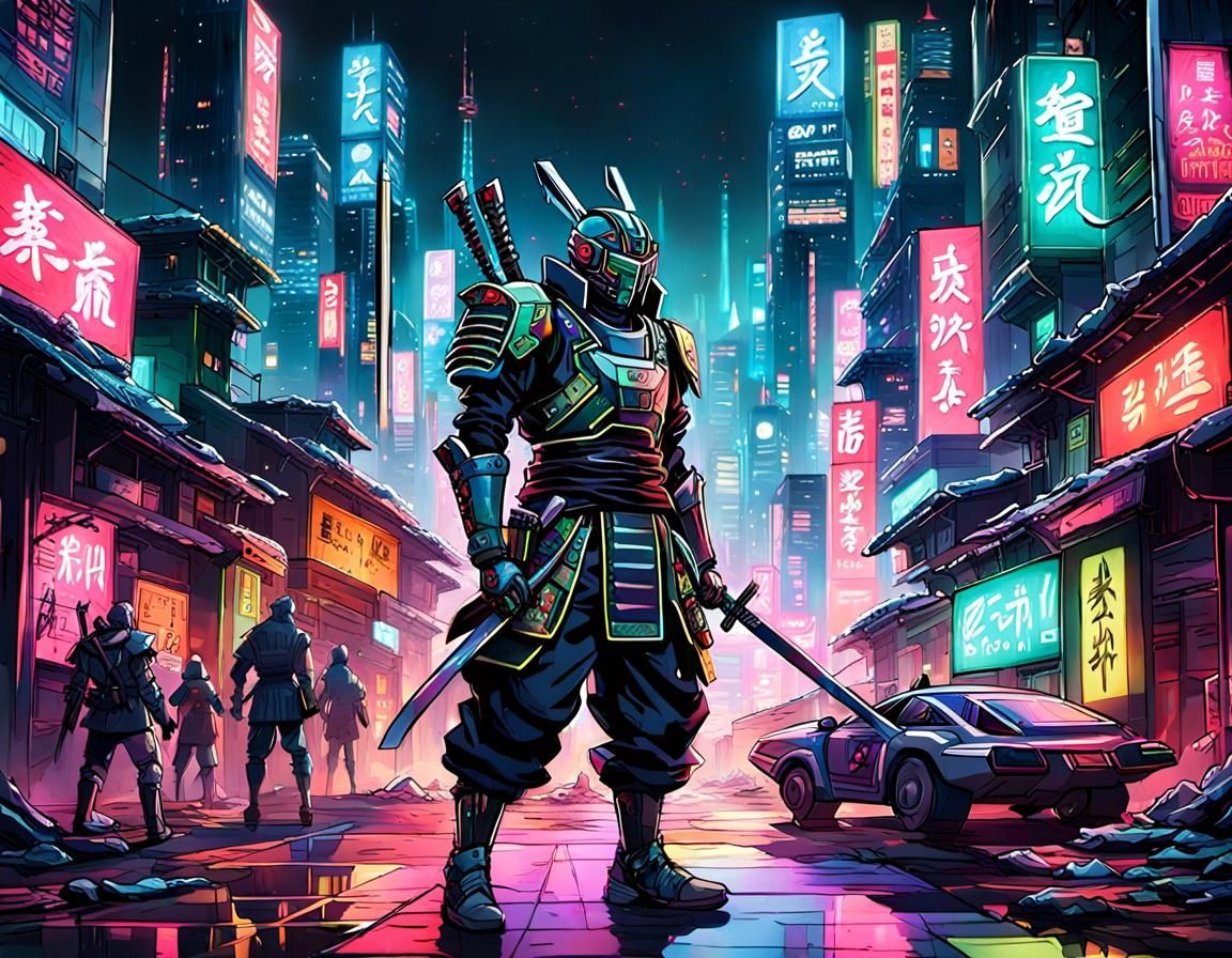 Epic Cyborg Samurai vs Cyberpunk Villain in Neon City