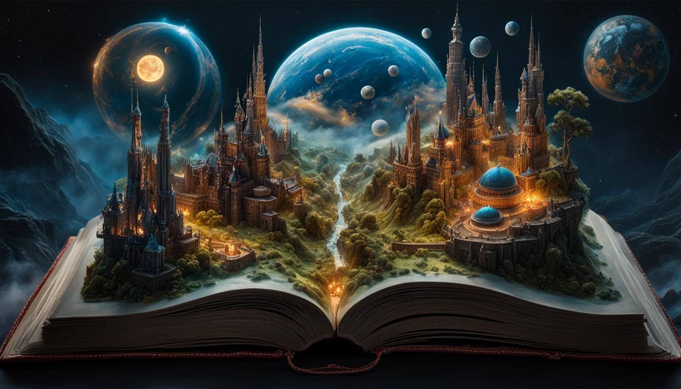 Vera Golubeva
(embroidery of) Miniature sci-fi world coming out of open book,stars,, detailed_fantasy_background, ...  by @Adamka