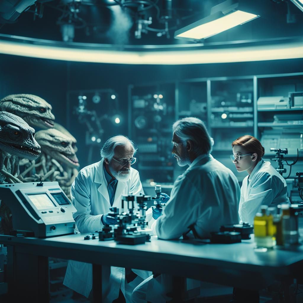 scientists, in the lab, reverse engineering extraterrestrial...