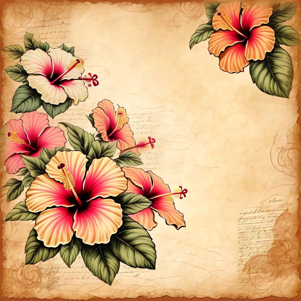 vintage hibiscus flowers, parchment background