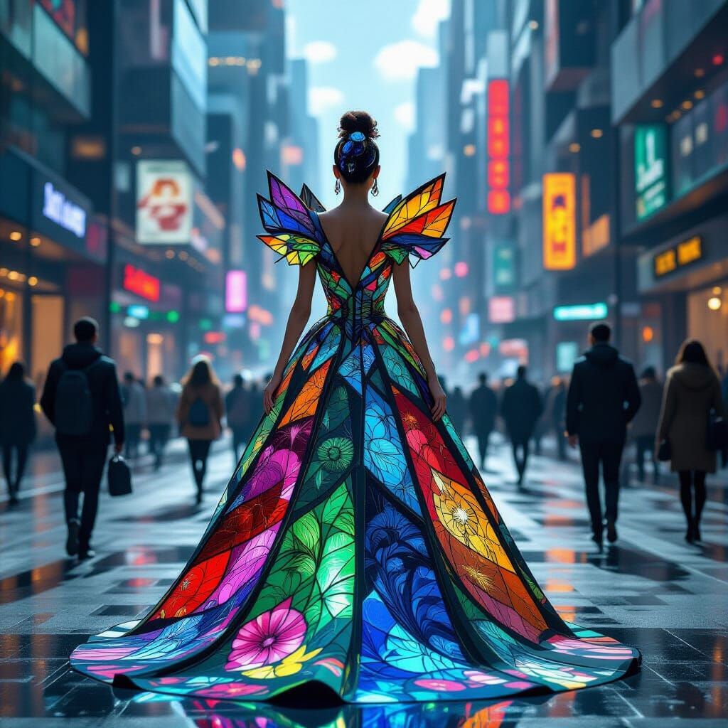 A bustling, futuristic city street scene where pedestrians wear avant-garde fashion. One central figure ...  by @SirGayle