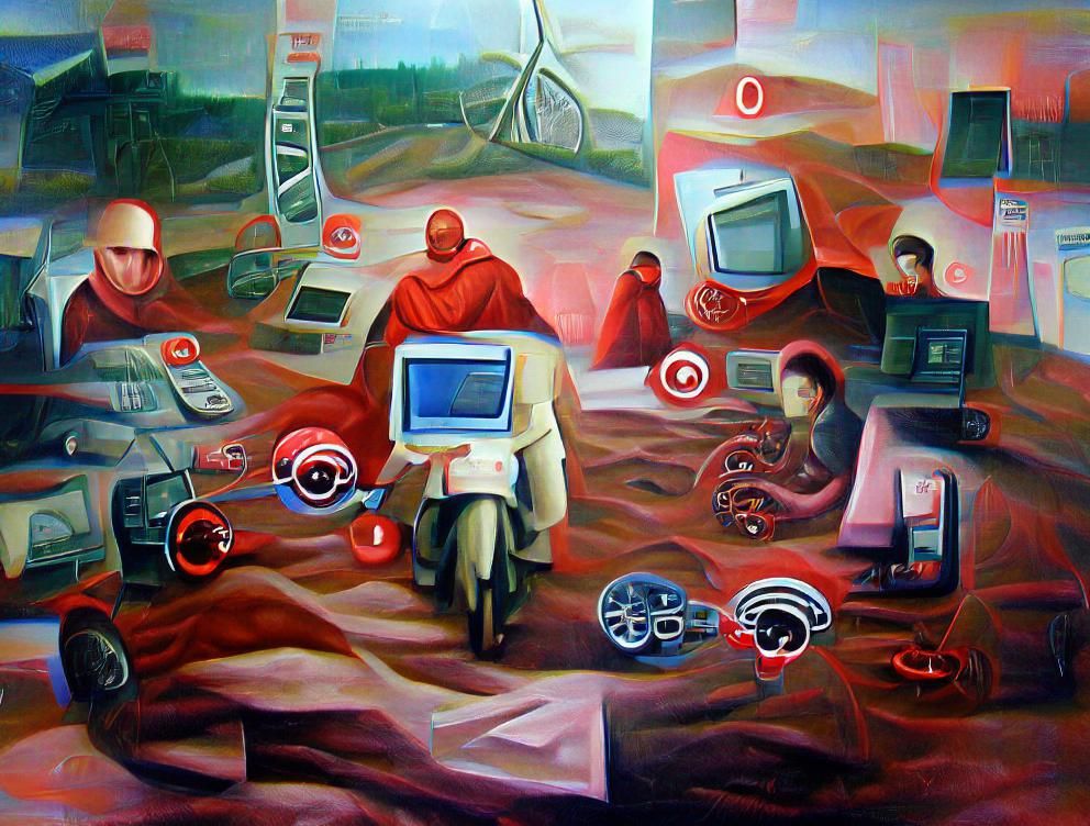 The red cycle of computer life lies straight ahead oil on ca...