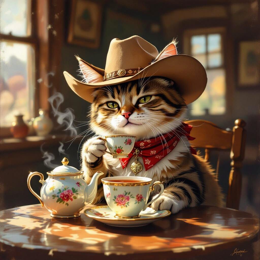 Impressionist painting. A whimsical cat wearing a tiny cowboy hat, sipping tea from a delicate teapot in a dusty saloon. Soft brushstrokes, ...