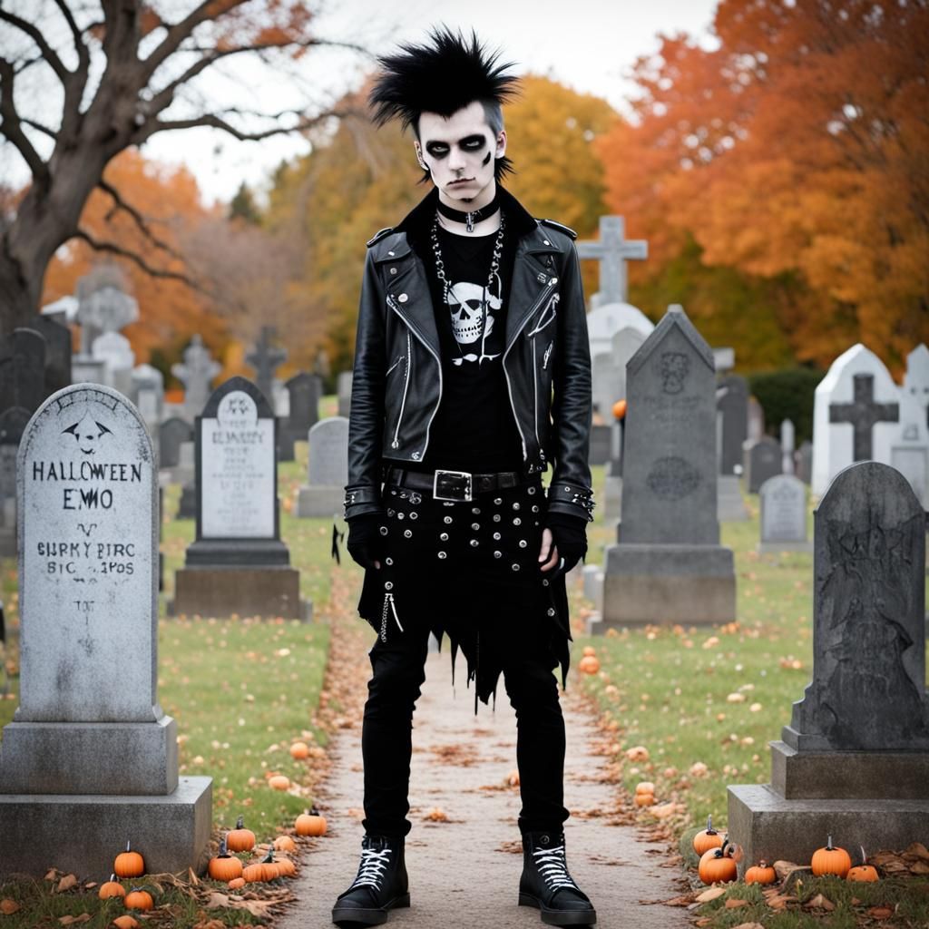 halloween punk goth emo guy at graveyard