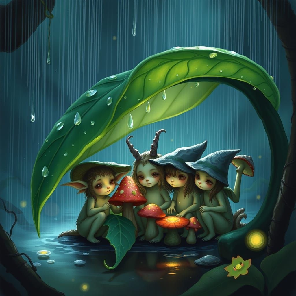 A group of diverse, tiny, mystical creatures—glowing sprites, mushroom folk, and leaf imps—huddle closely ...  by @LilacVenom